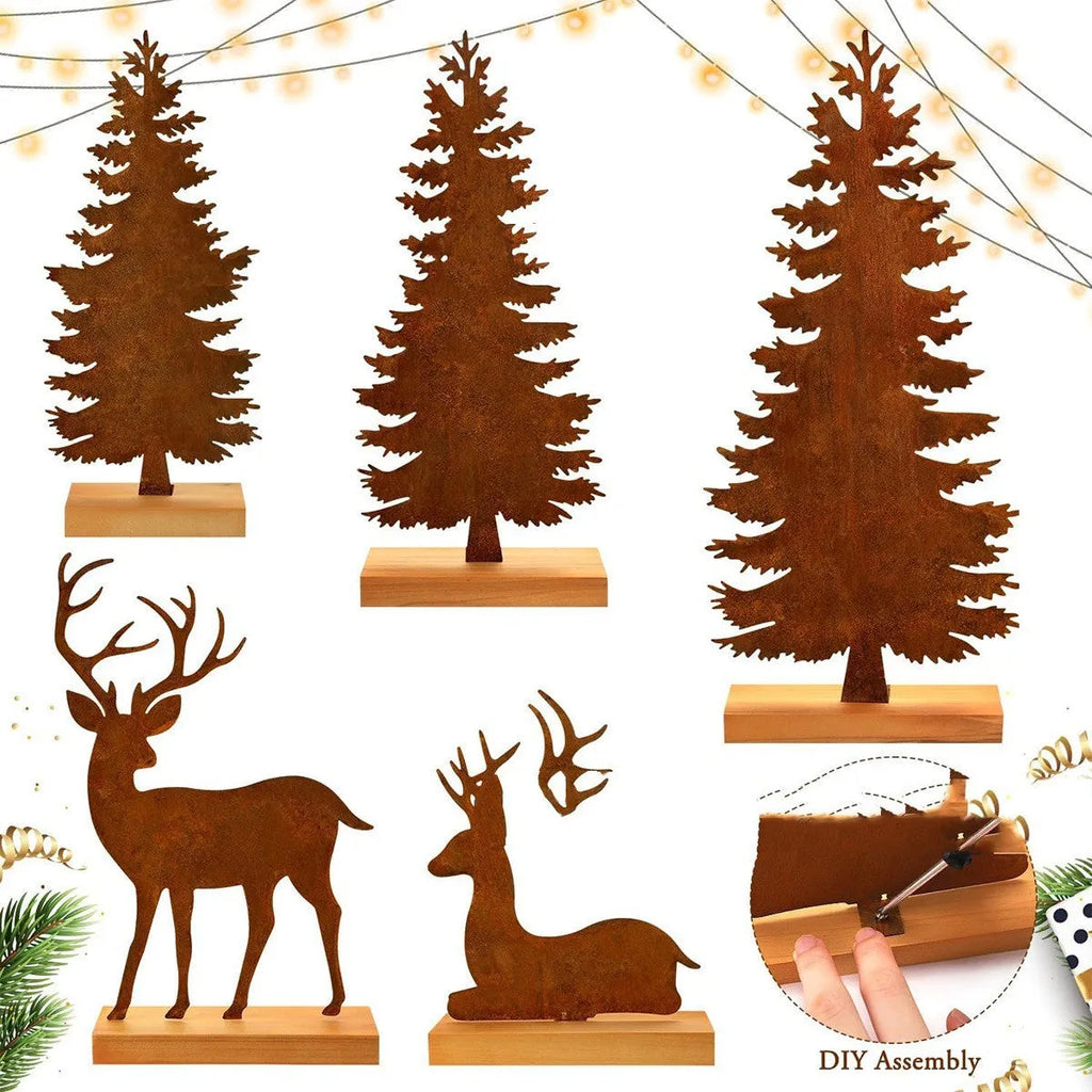 Three metal Christmas tree elk decorations with rusty patina finish displayed together