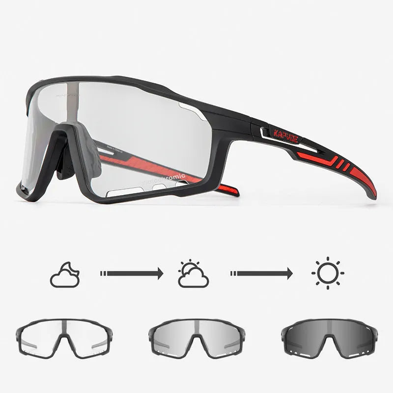 Semi-rimless photochromic cycling glasses with a TR90 frame, shown in a sport setting.