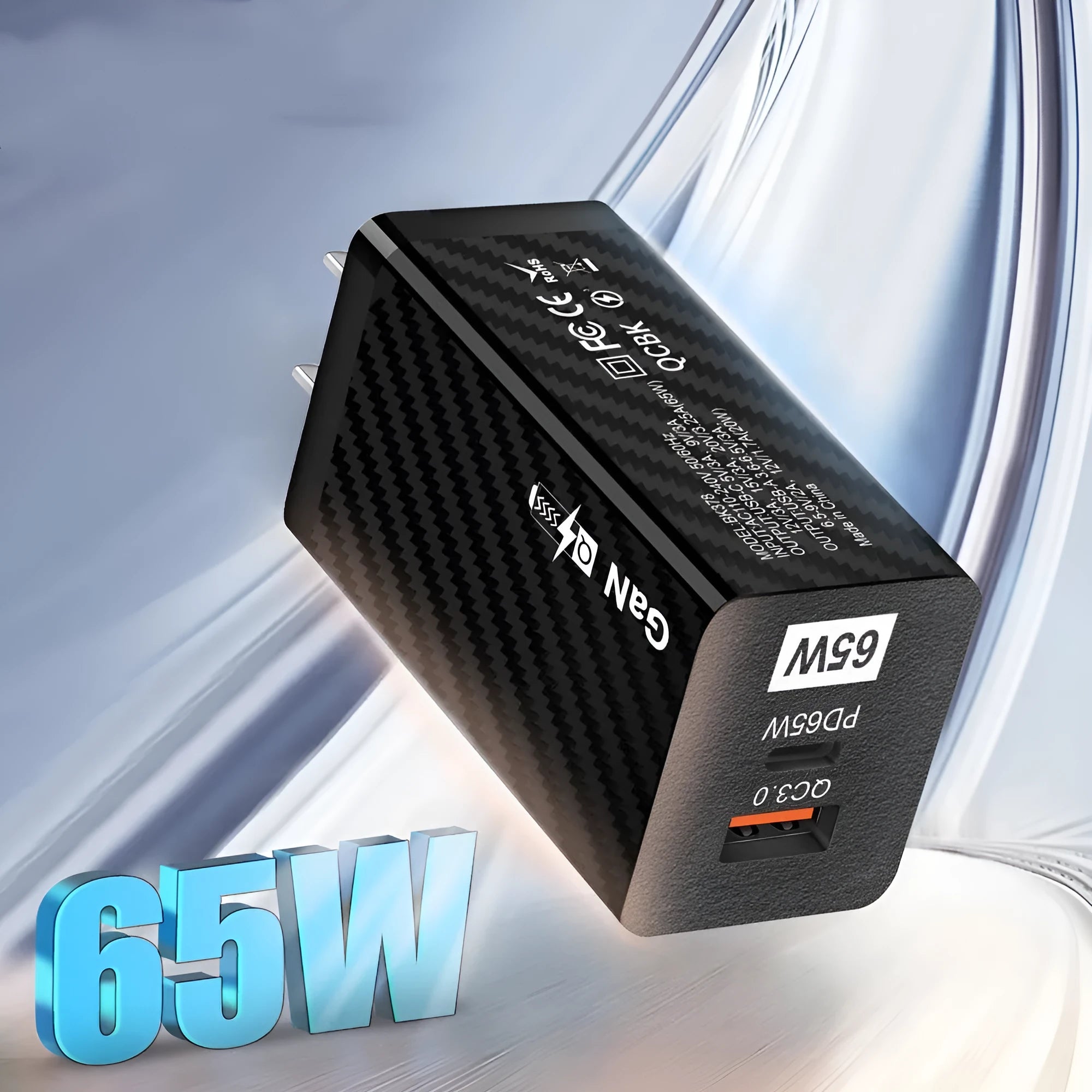 White and black 65W Gallium Nitride USB-PD laptop charger with EU, UK, and US plug options.