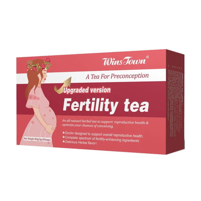 A box of fertility herbal tea containing 90 individual teabags for daily reproductive health support.