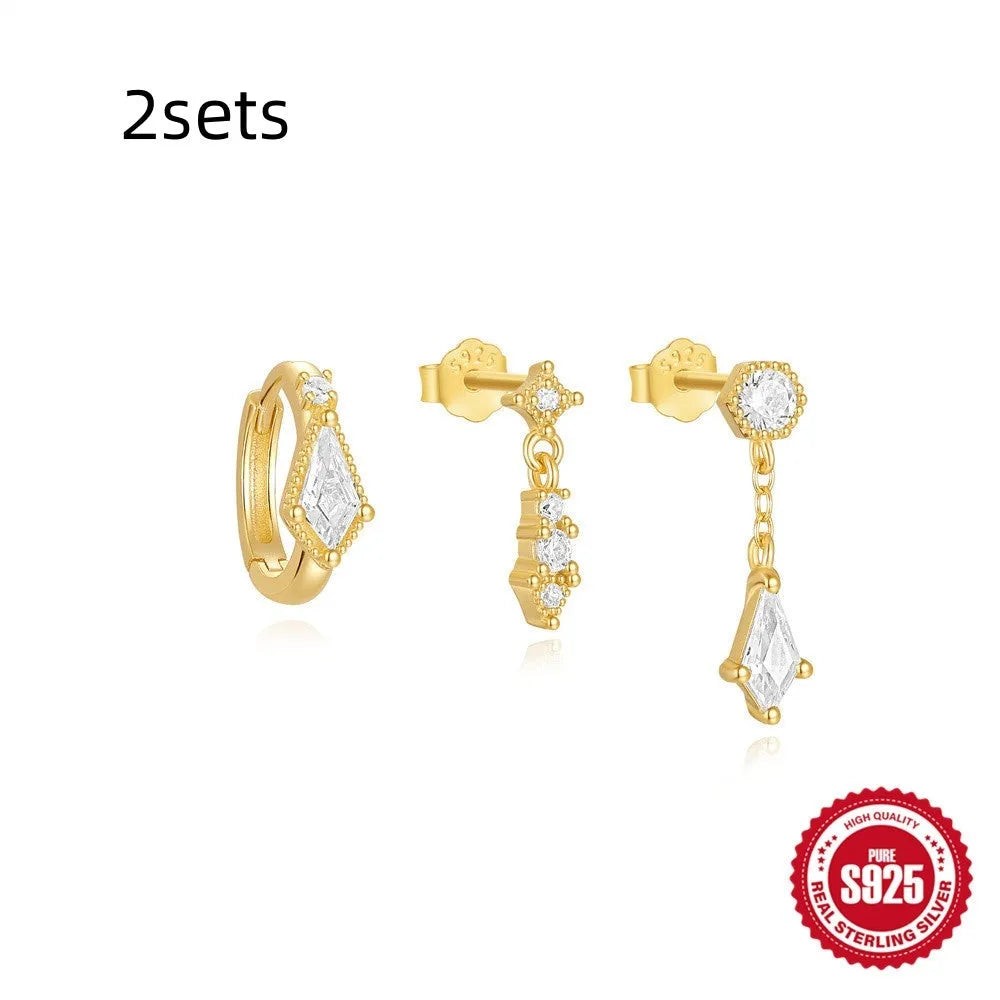 S925 sterling silver geometric tassel earrings in gold tone, three-piece set for women