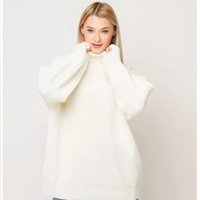 Women's solid colour high neck loose fit pullover sweater on a hanger