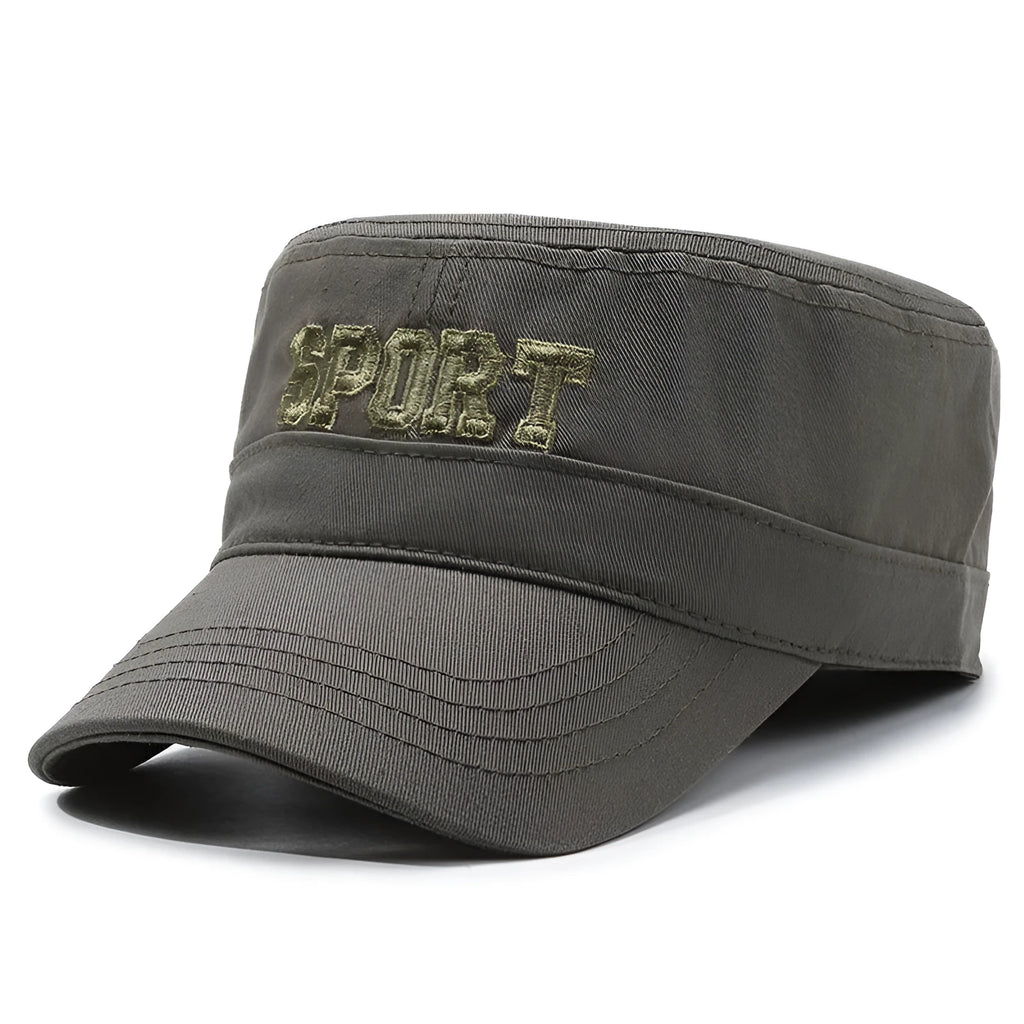 Men's flat-top cotton peaked cap in army green with adjustable strap and English letter detail.