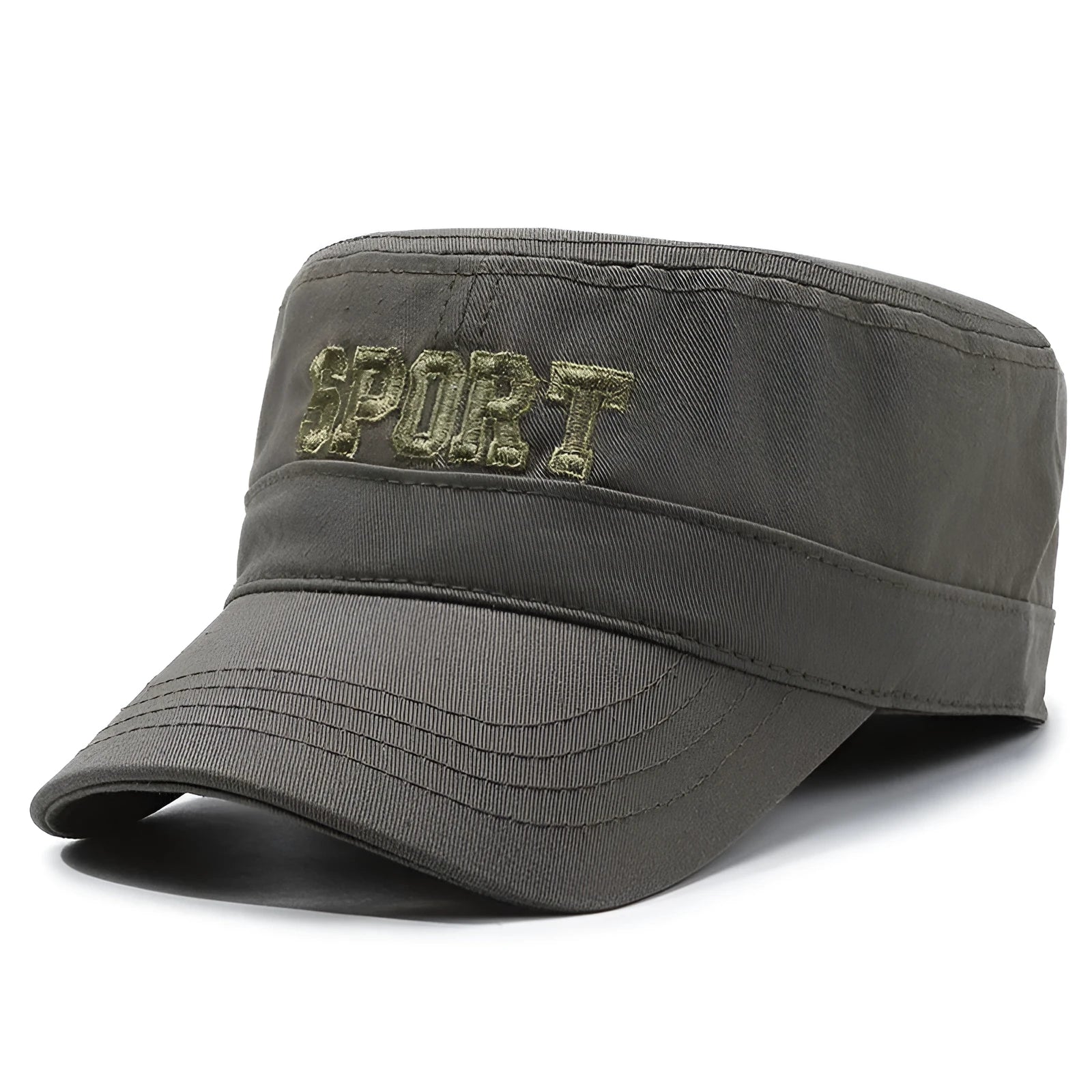 Men's flat-top cotton peaked cap in army green with adjustable strap and English letter detail.