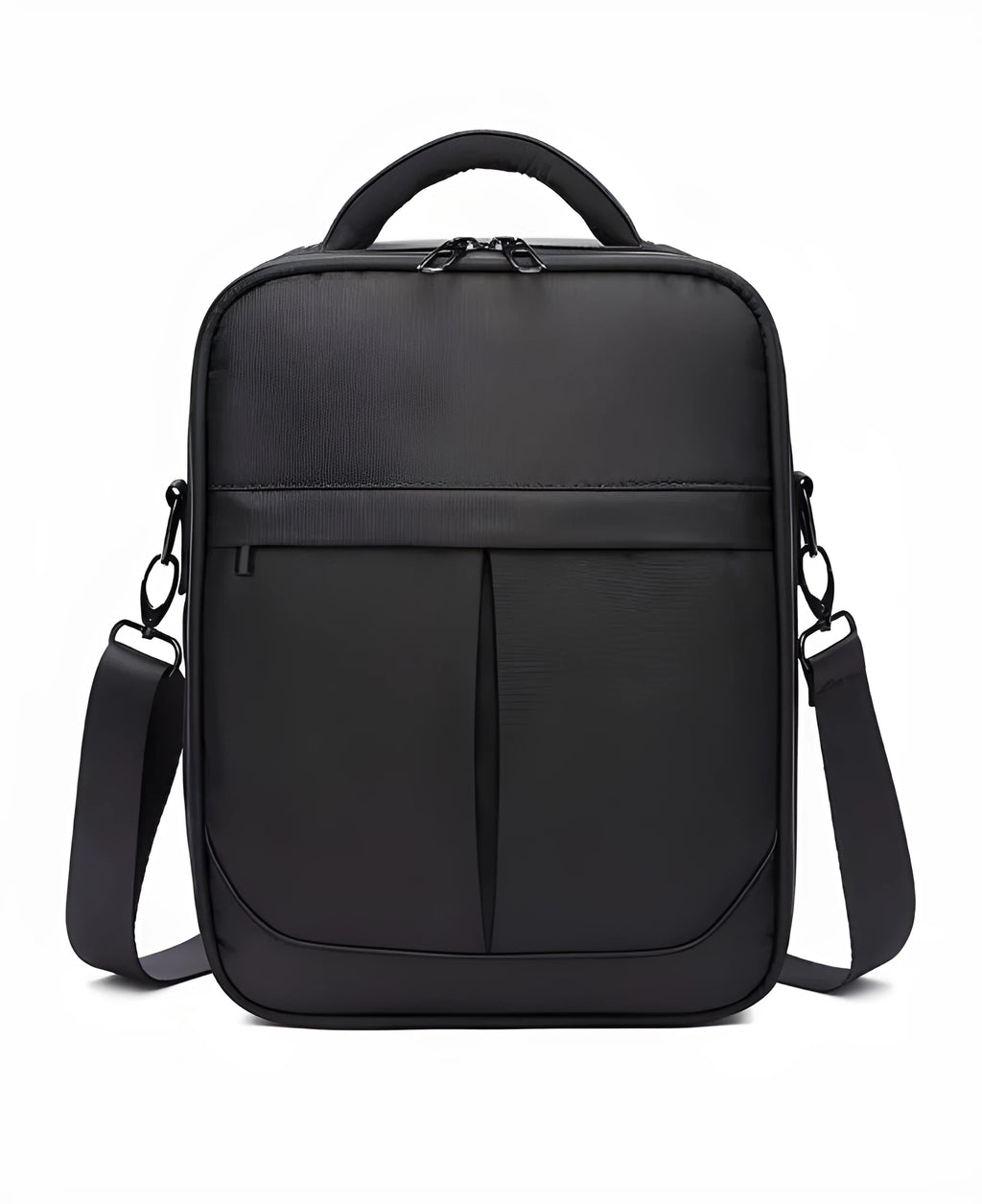 Black Oxford fabric men's messenger shoulder bag showing its structured form.