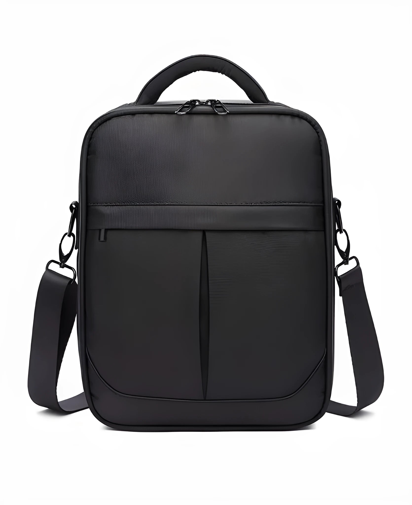 Black Oxford fabric men's messenger shoulder bag showing its structured form.
