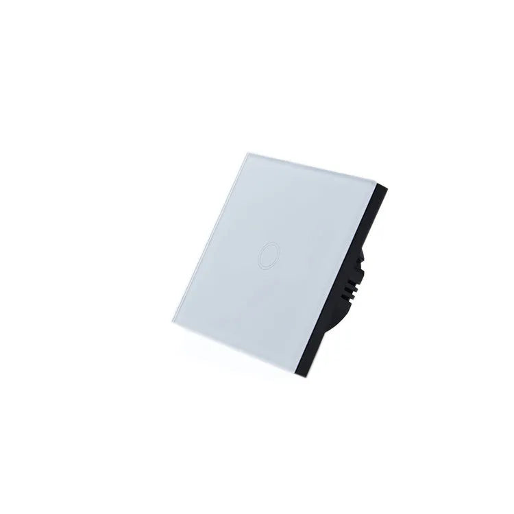 Single-gang tempered glass touch light switch in black, shown front-on.