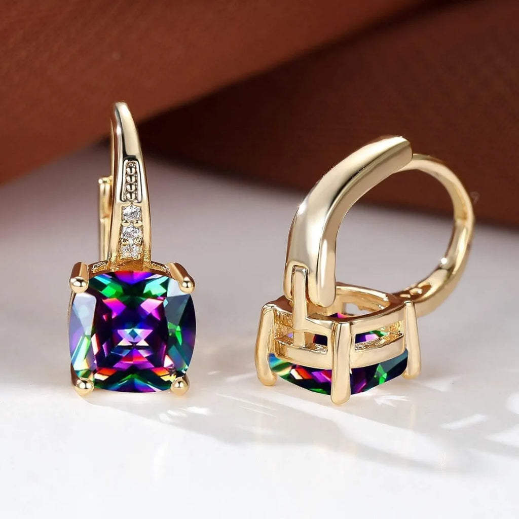 Square geometric ear clip earrings with colourful moissanite inlay on gold electroplated finish