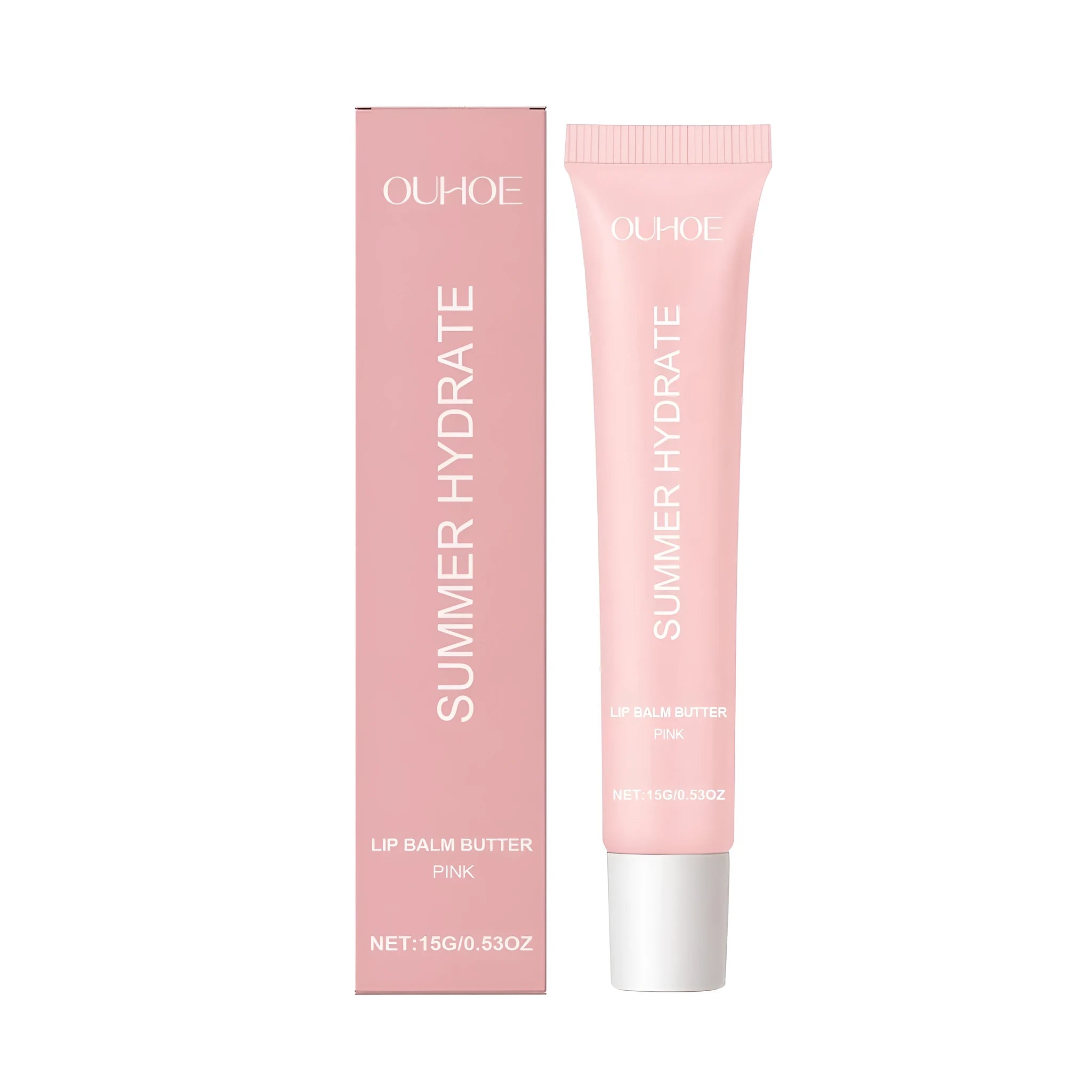 Pink lip balm butter stick in a twist-up case with shea butter and vitamin E.