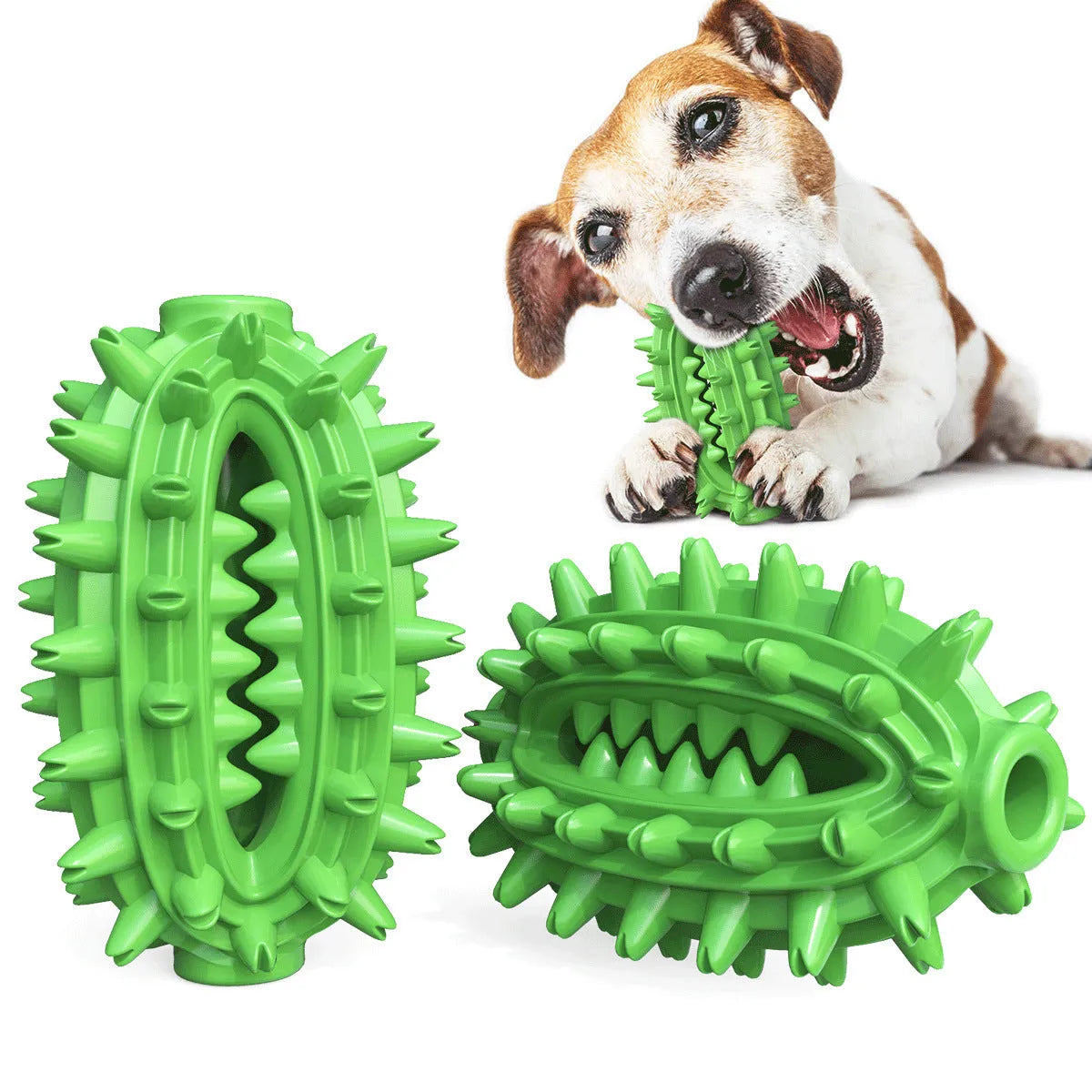 Green and yellow cactus-shaped rubber dog chew toy for dental cleaning
