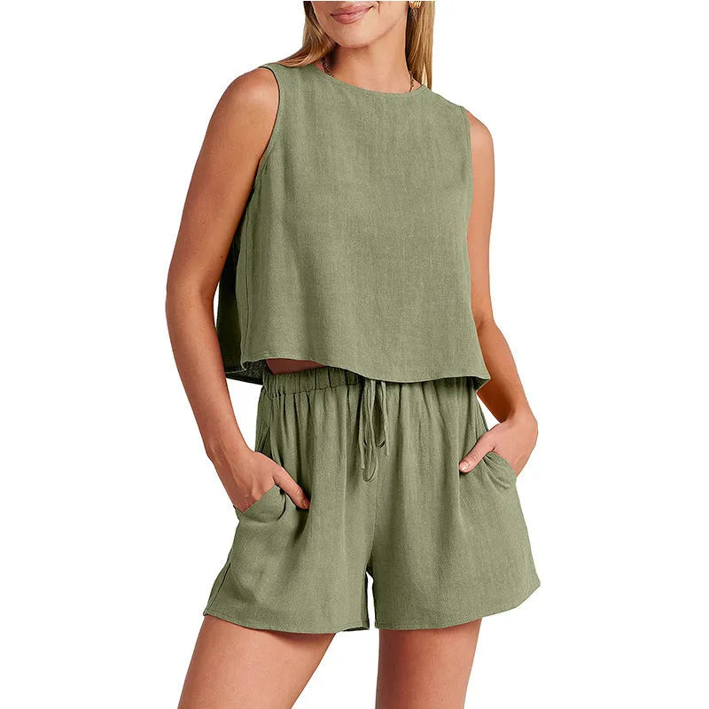 Women's summer two-piece set with sleeveless top and drawstring shorts in apricot colour