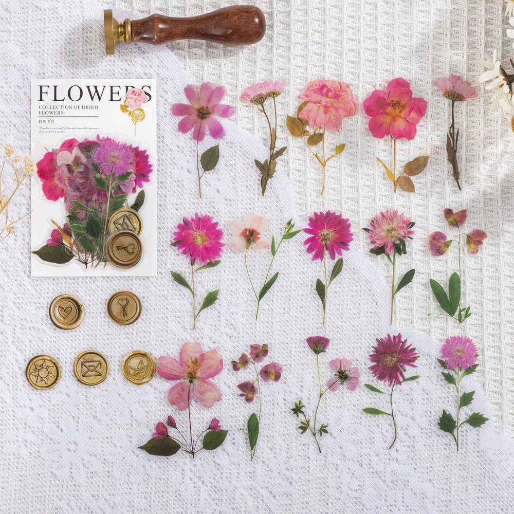 70mm square PET dried flower journal stickers showing eight colour themes including dark night purple and rose nebula