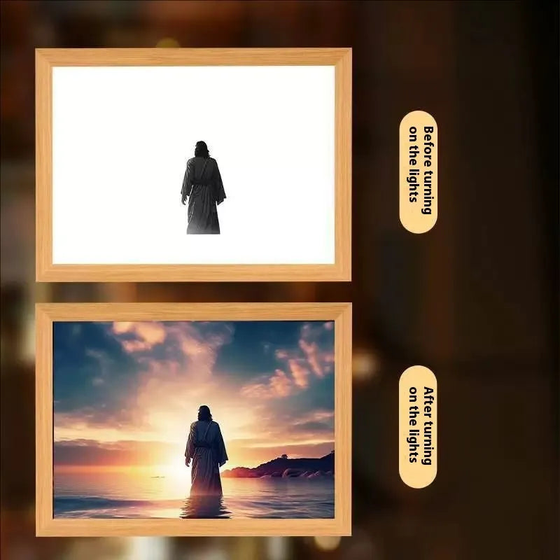Modern rectangular LED photo frame displaying changeable sea scene artwork with built-in illumination