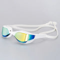 Racing style swimming goggles with mirror lenses and adjustable nose bridge on a blue background.