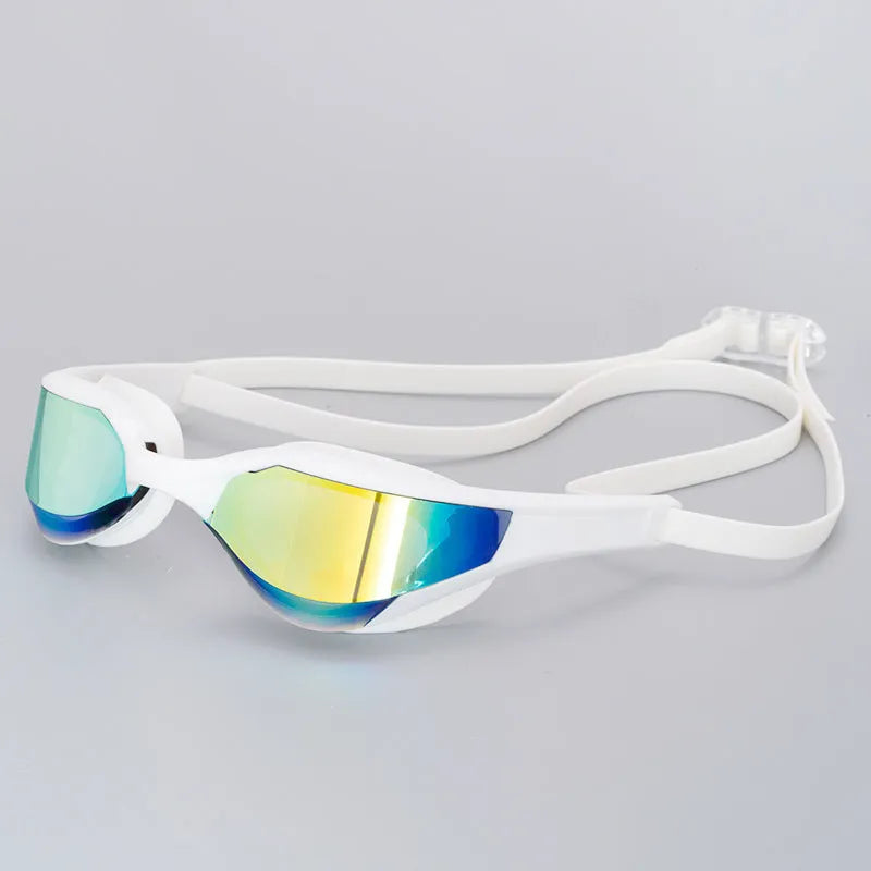 Racing style swimming goggles with mirror lenses and adjustable nose bridge on a blue background.