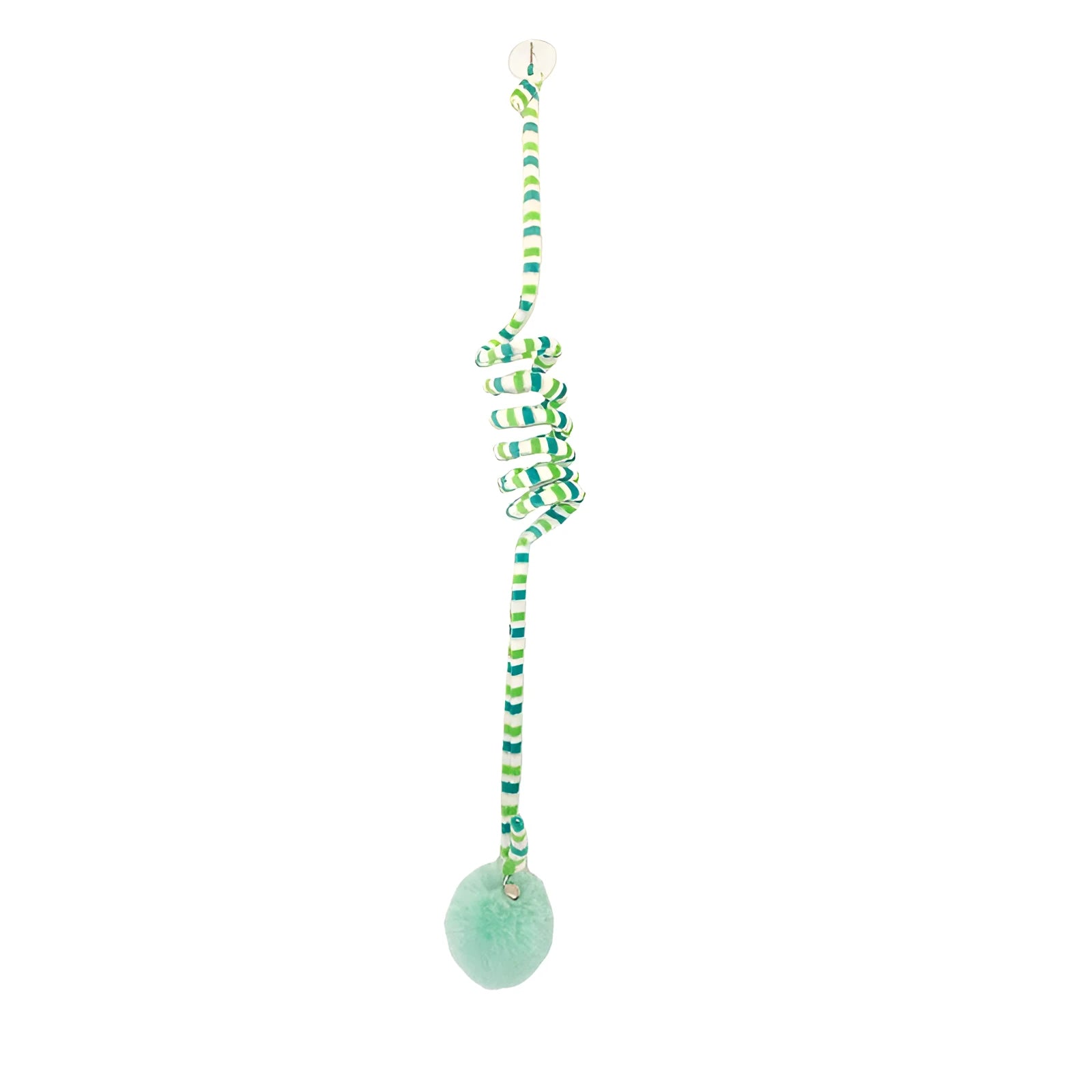 Cat toy with colourful inflatable bell ball on flexible wand and suction cup for door mounting