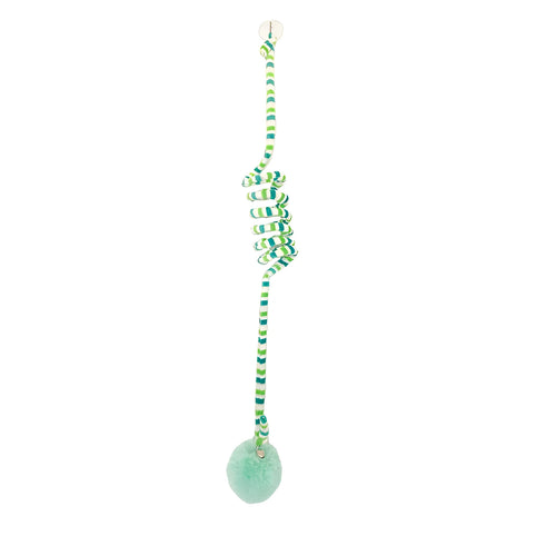 Cat toy with colourful inflatable bell ball on flexible wand and suction cup for door mounting