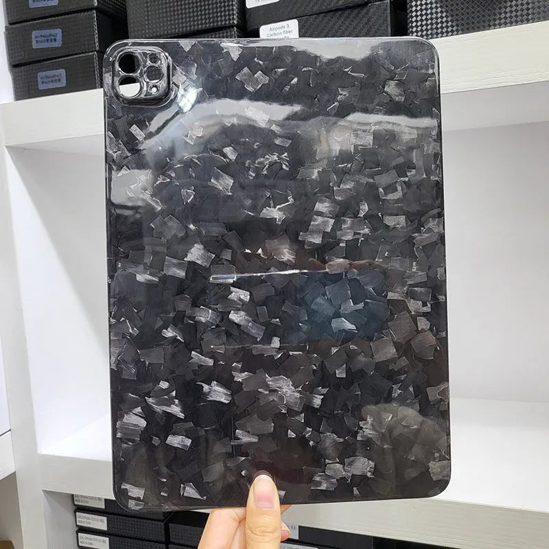 Real carbon fibre hard protective case for Apple iPad Pro 11 with a plaid embossed pattern.