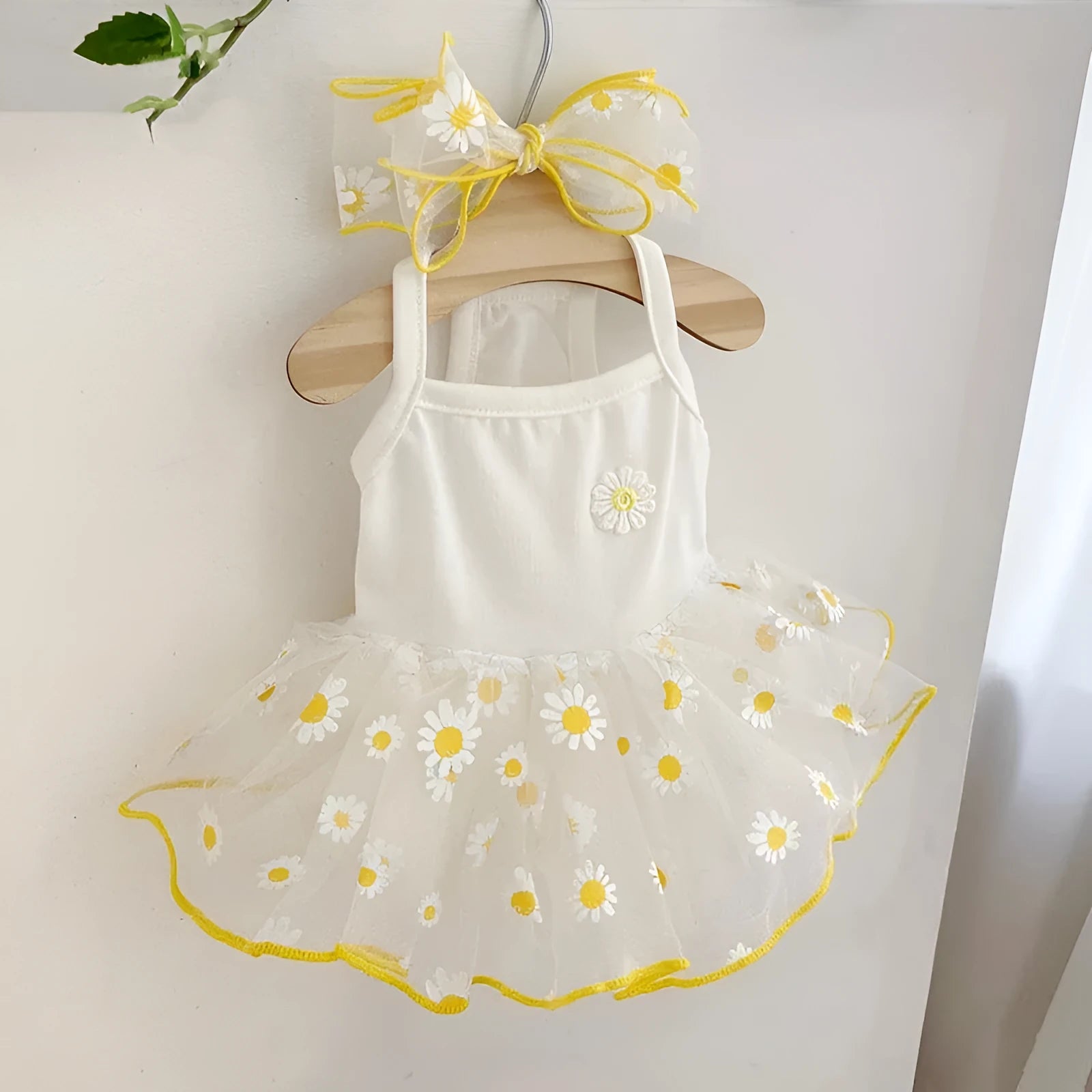 Yellow floral Little Daisy pattern on lightweight polyester summer dog clothes.