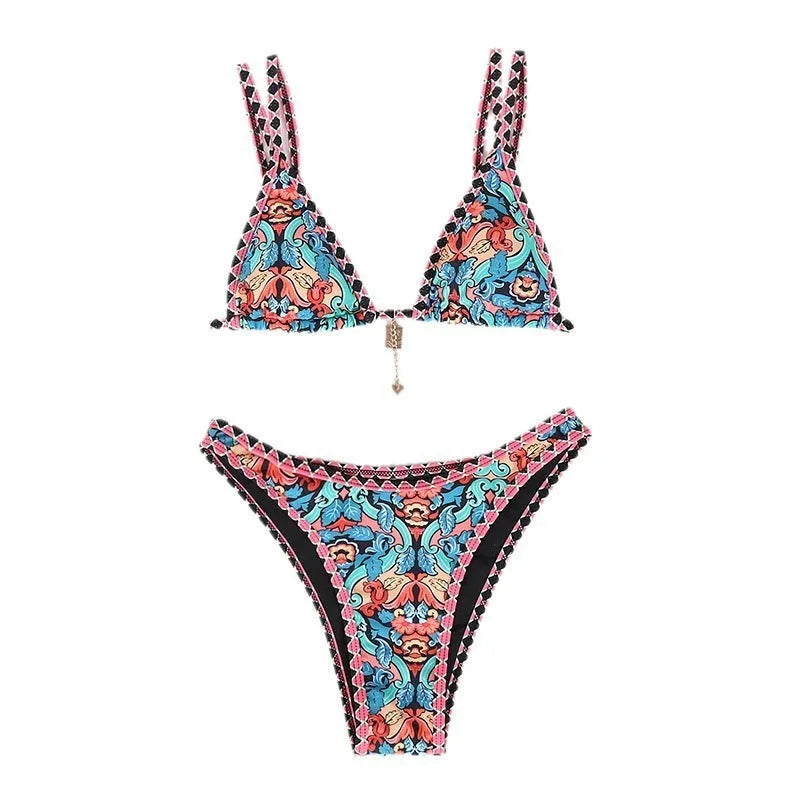 Retro printed women's bikini set in orange, pink, black, or blue colours for swimming sports