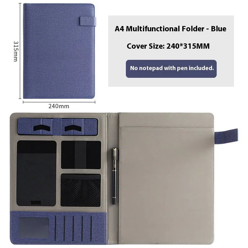 Leather A4 business multifunction folder with notepad and pen holder in black colour