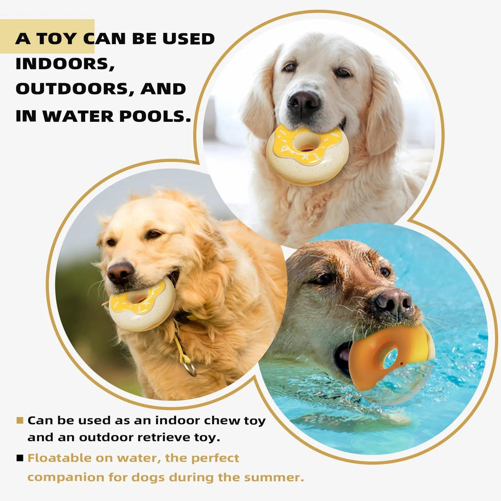 TPR donut dog chew toy with crunchy squeaker for teeth cleaning in pink, chocolate and yellow colours