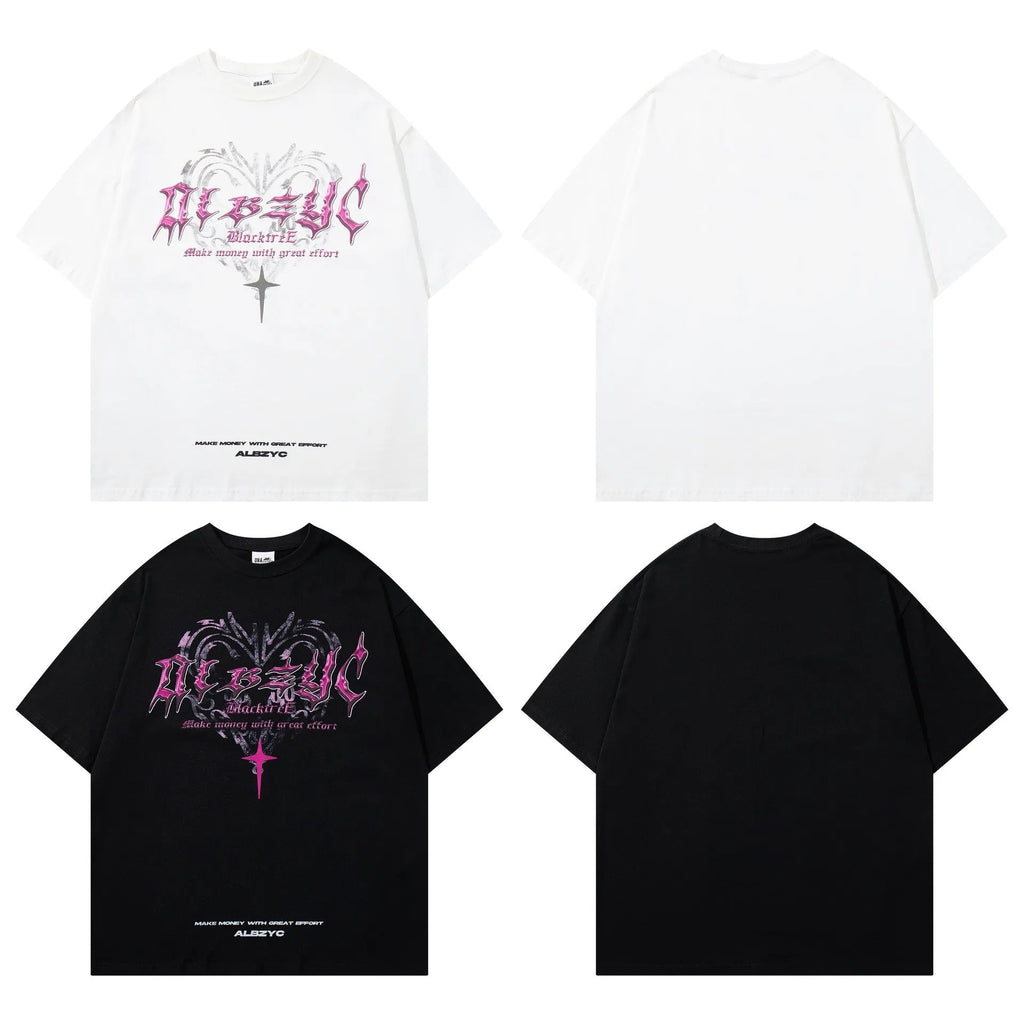 Men's black cotton T-shirt with a retro graphic print, showing loose fit and short sleeves.