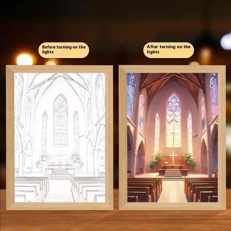 Modern rectangular LED photo frame displaying changeable sea scene artwork with built-in illumination