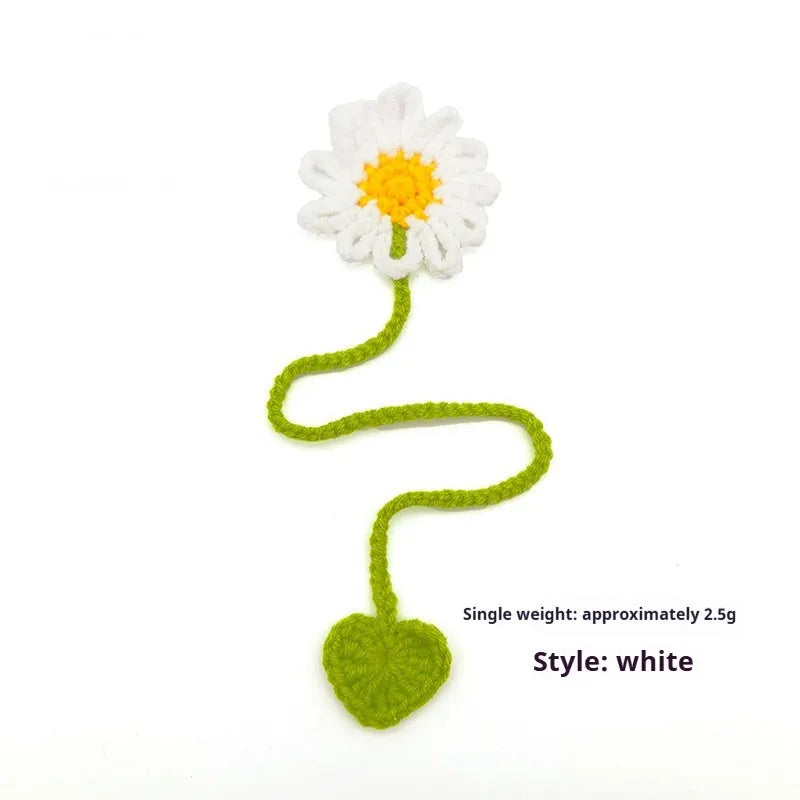 Hand-crocheted wool daisy bookmark with flexible wire core in multiple colour options