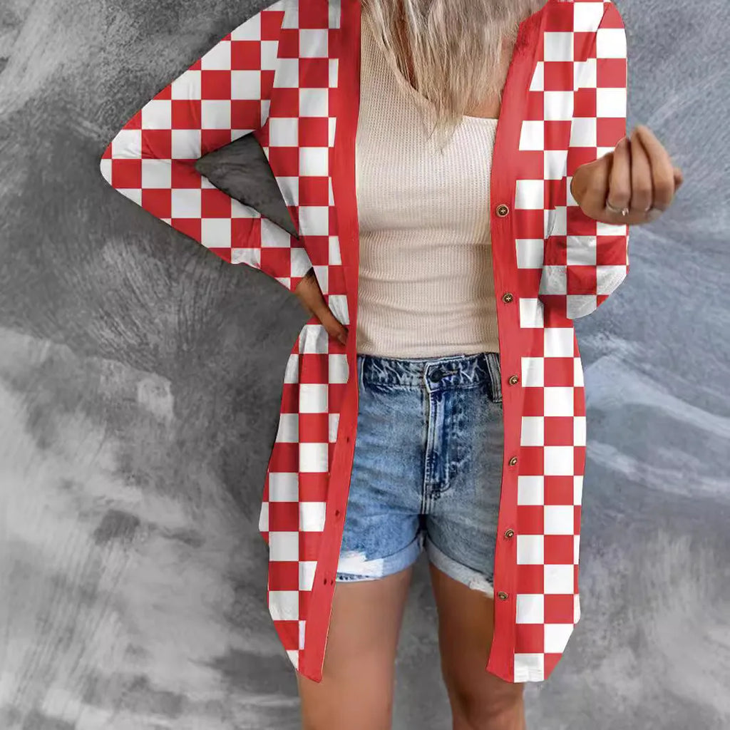 Women's long grey plaid pattern knitted cardigan coat with regular sleeves, shown on a model.