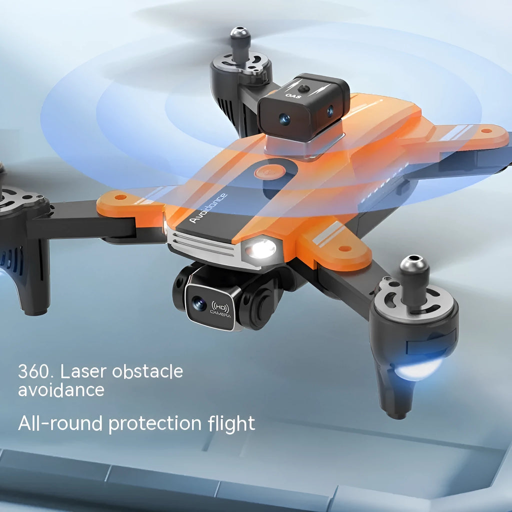 Orange and black quadcopter drone with dual cameras and propeller guards, shown on a white background