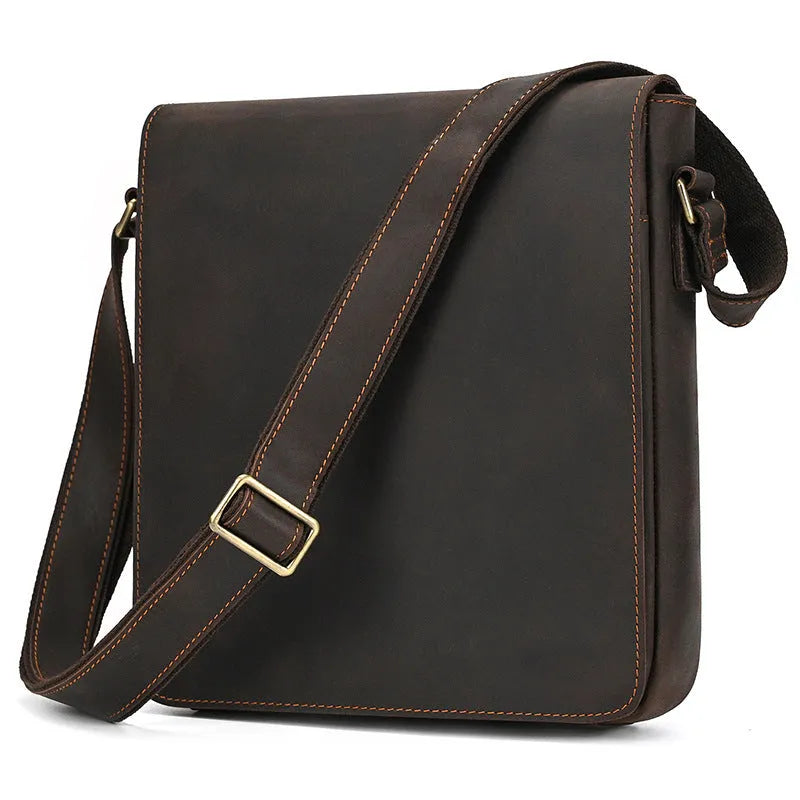 Brown men's leather crossbody shoulder bag with visible stitching and a long strap.