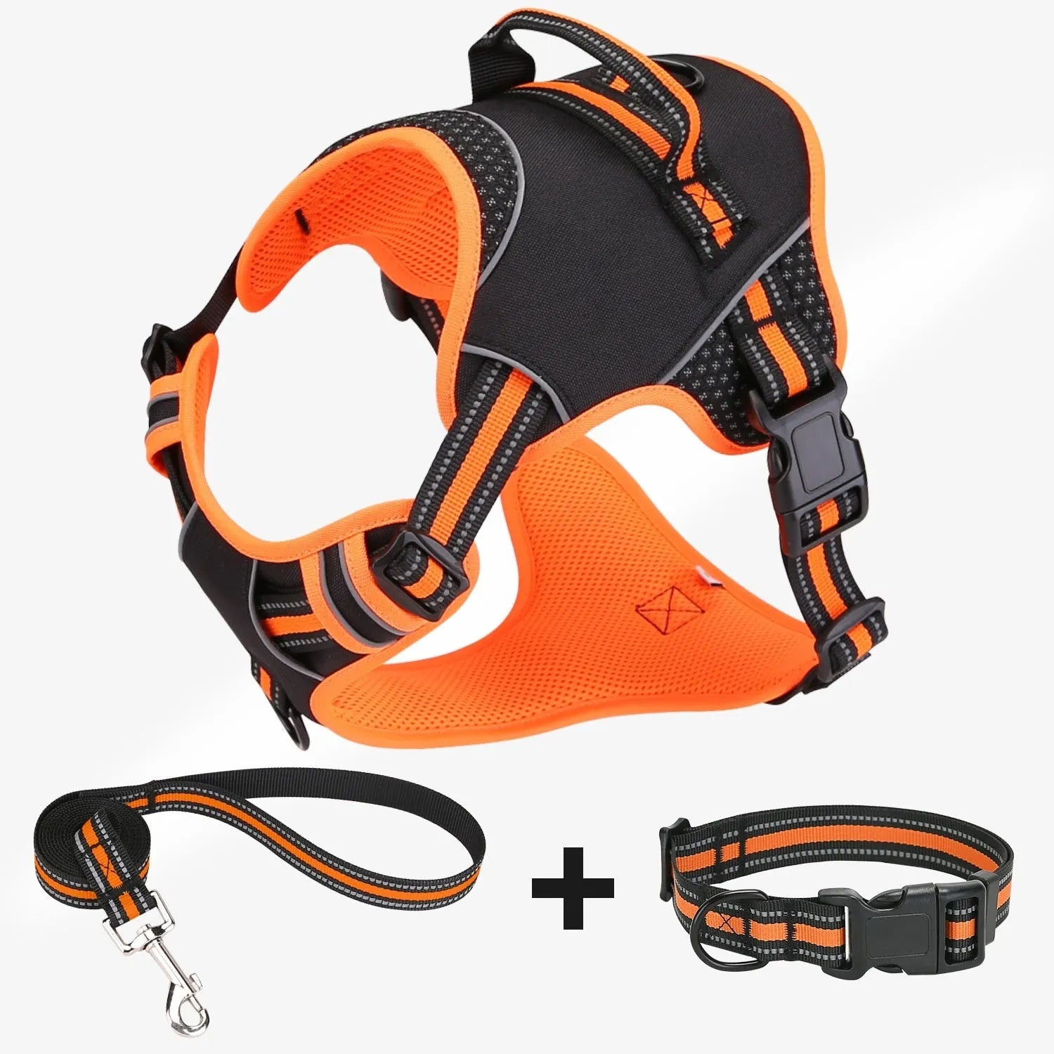 Orange polyester dog harness with integrated training lead shown in outdoor setting