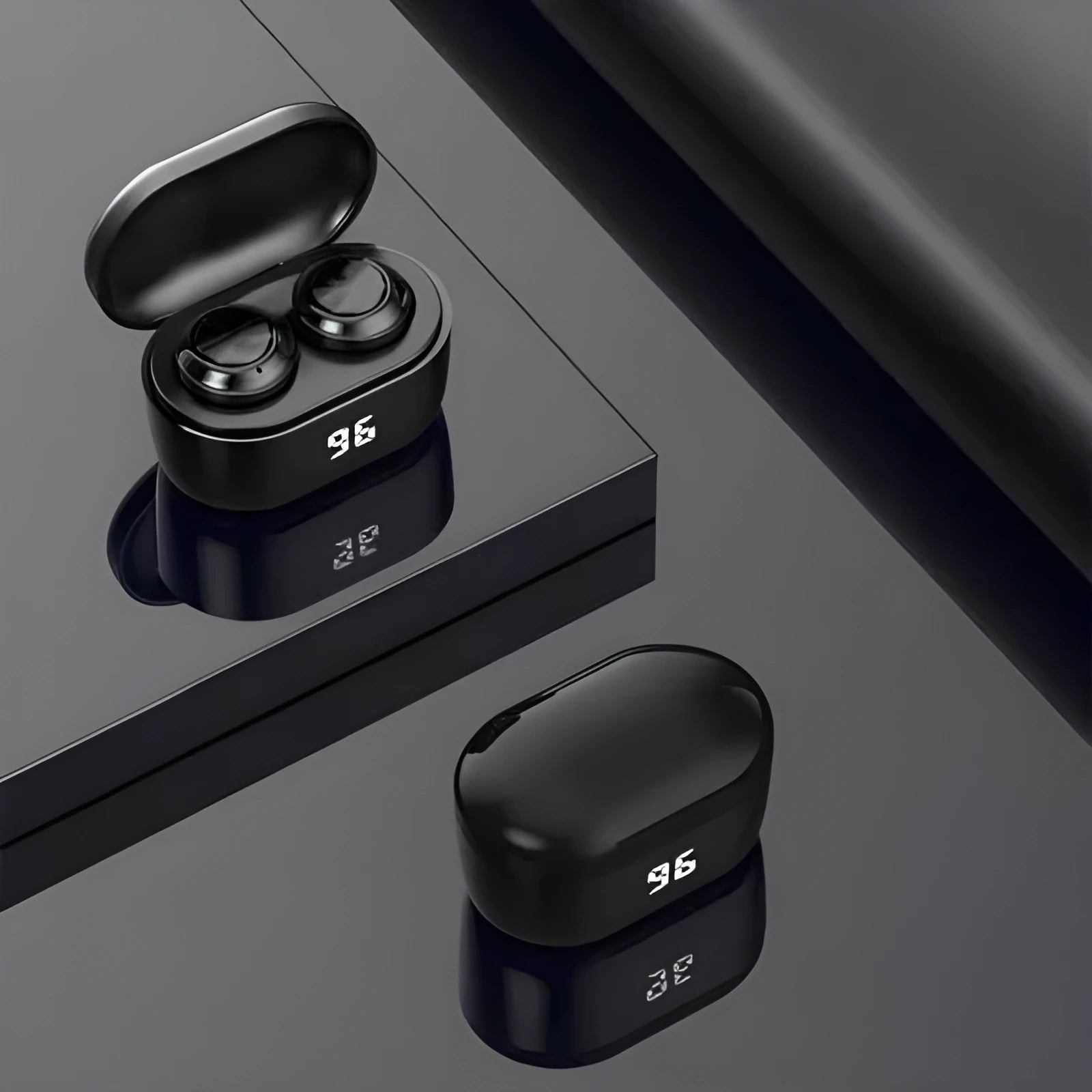 Black stereo Bluetooth wireless headset with earbuds.