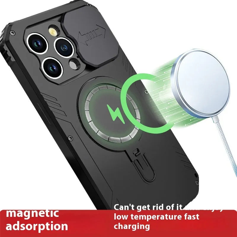 Black metal bracket shockproof phone case for iPhone 15 with aluminium alloy frame and magnetic suction