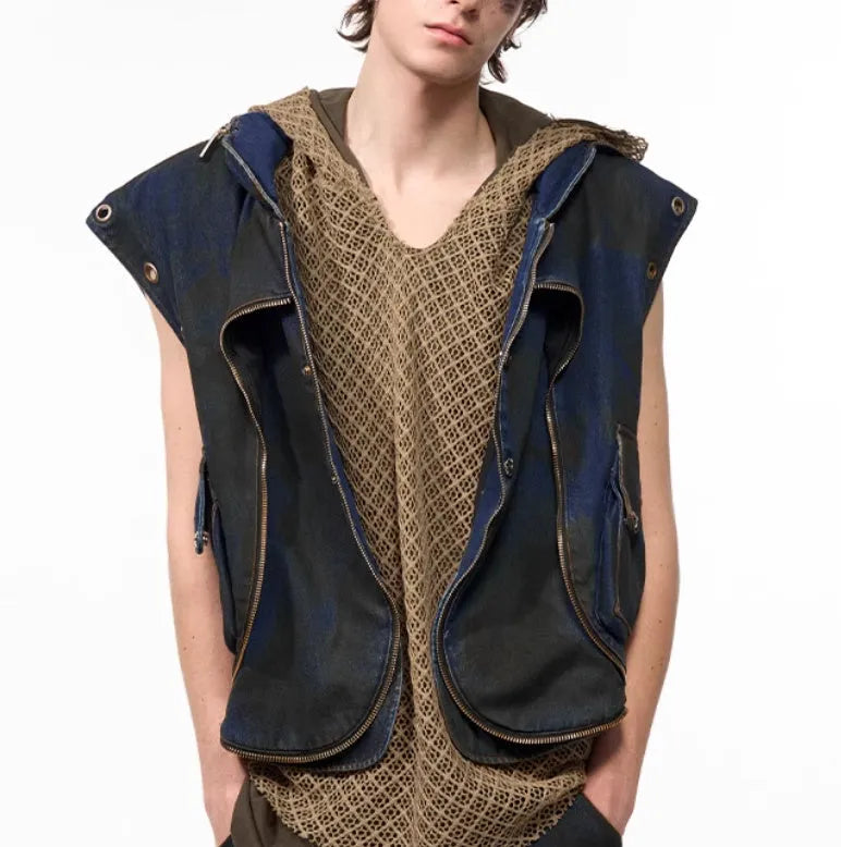Blue Korean-style denim hooded vest coat with matching trousers laid flat.