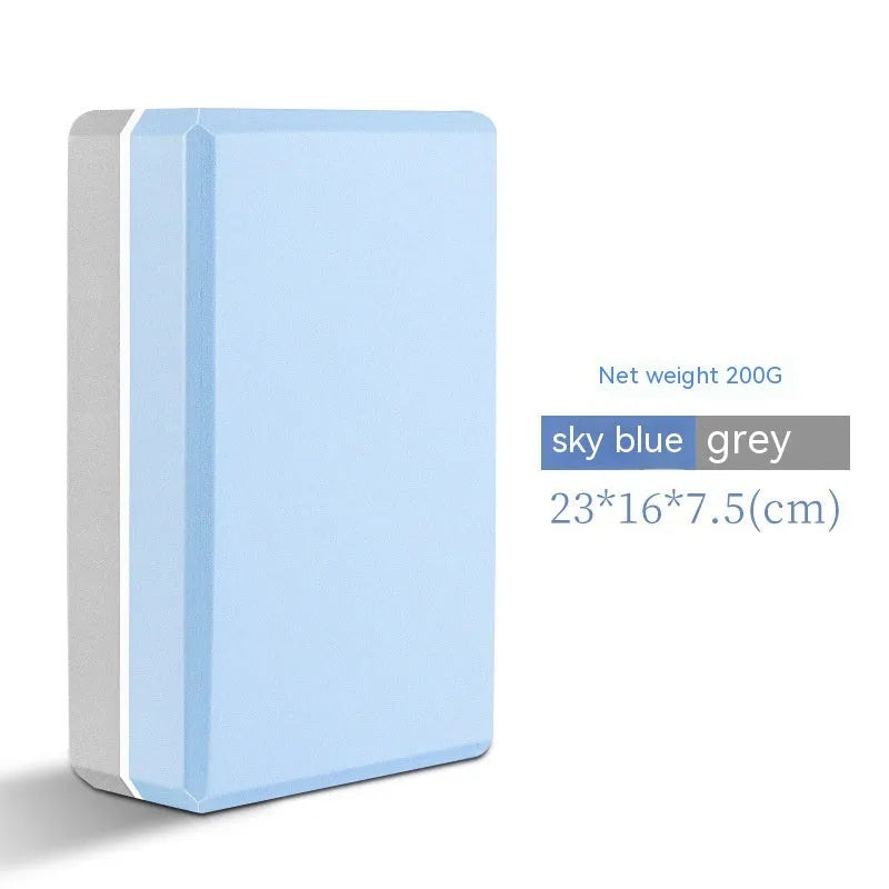 High-density EVA yoga block in pink next to a dark blue block, showing 7.5cm height and printed cartoon design options.