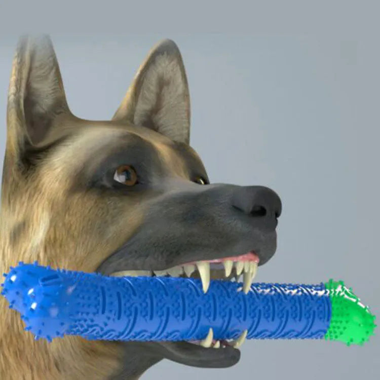 Blue green silicone dog dental cleaning stick with brush head and massage nodules for teeth and gum care