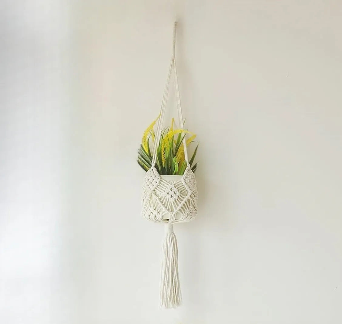 Minimalist hand-woven flower pot in polyester cotton fabric with net pocket design in brown colour