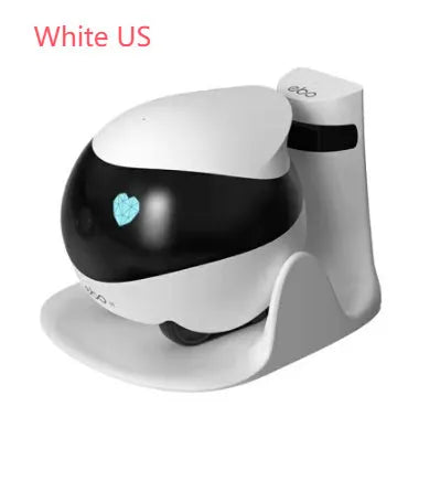 White smart home mobile surveillance robot camera on floor with docking station