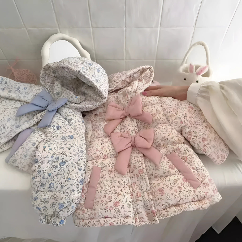 Baby girls winter floral print hooded jacket in blue and white porcelain blue with bow detail, zip-up front