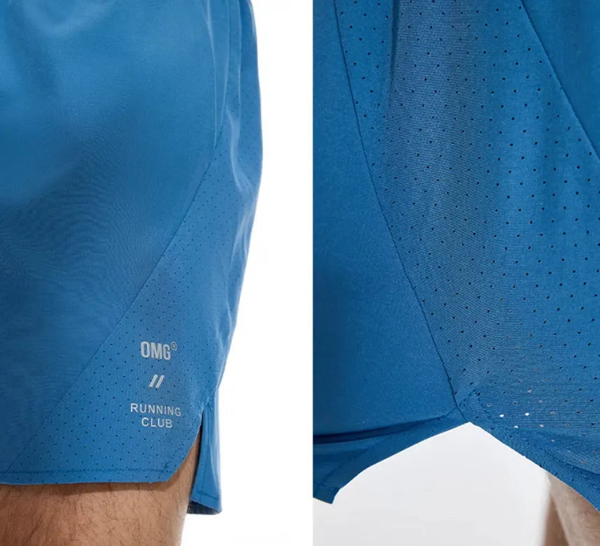 Mysterious Black four-point stretch running shorts with laser punch stitching laid flat.