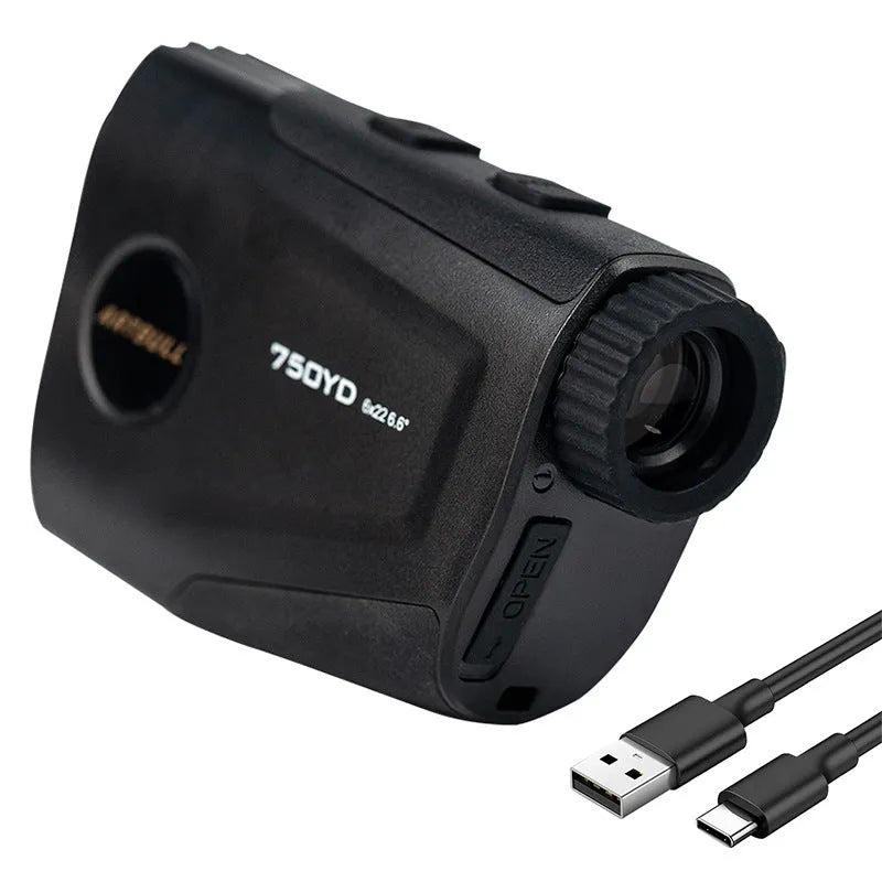 Golf laser rangefinder with 6x magnification showing LCD display with distance measurement