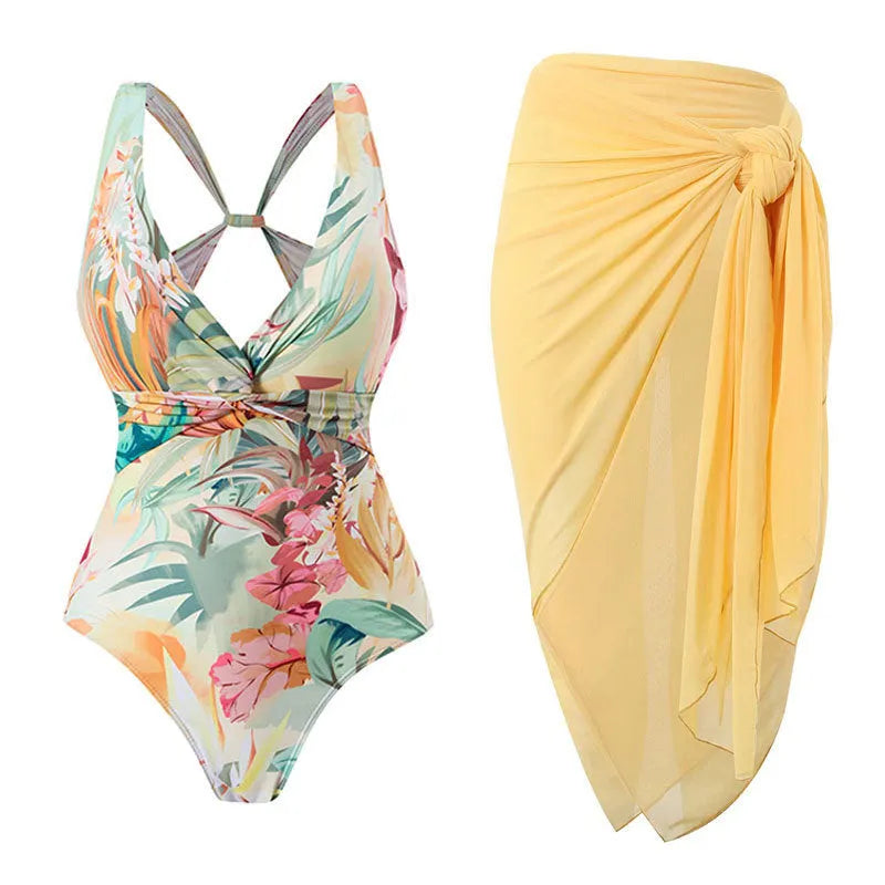 Women's vintage floral print one-piece swimsuit with short sleeves and conservative cut