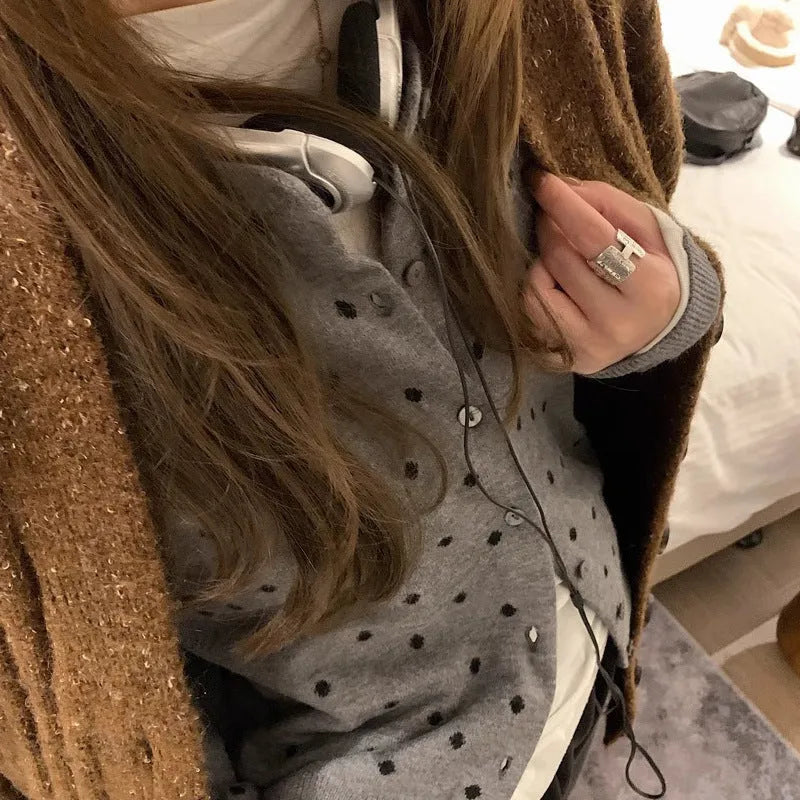 Gray dot knitted cardigan with crochet flower detail on woman, Korean style loose fit
