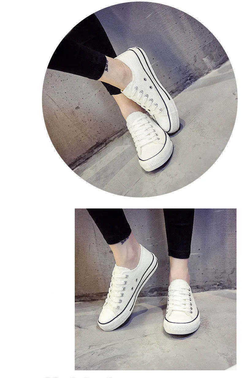 Women's solid colour canvas slip-on shoes in black, white, and red variations on a plain background.