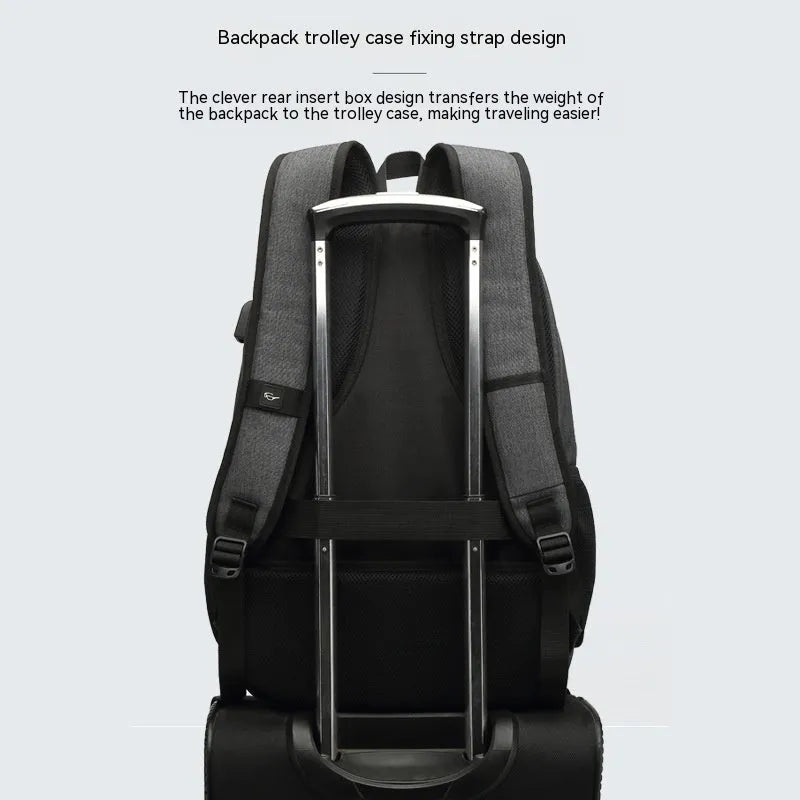 Lightweight USB charging backpack in grey with trolley sleeve and thickened nylon fabric