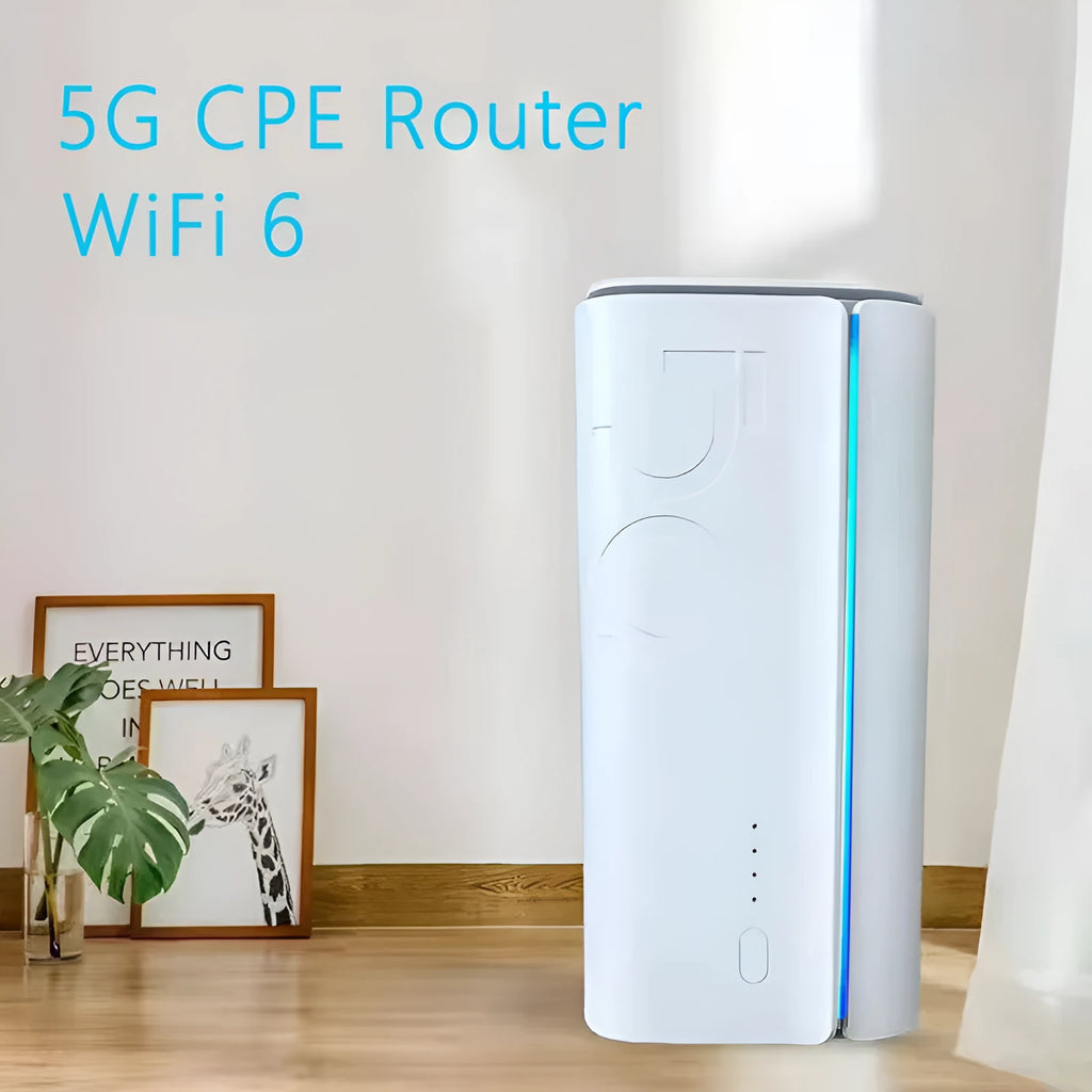 Compact black 4G CPE wireless router with data cable, shown from the front.