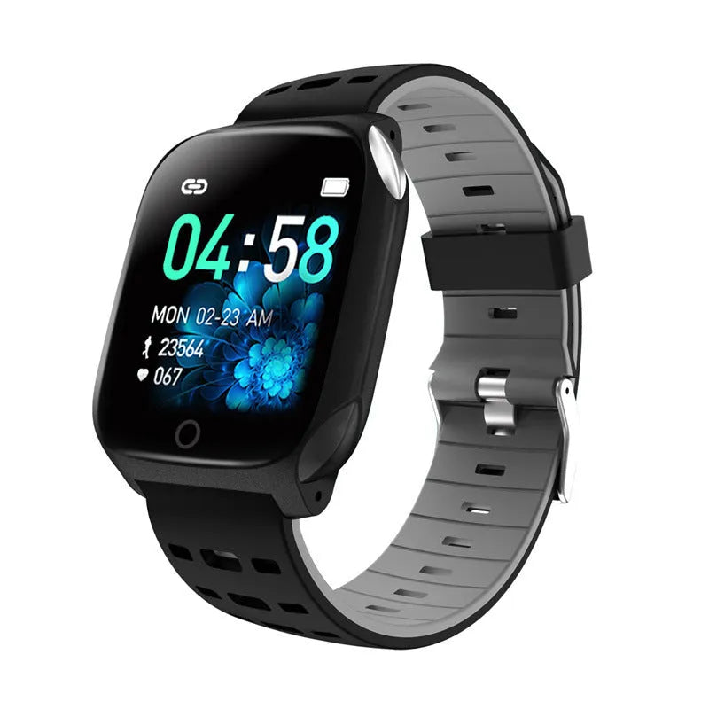 F16 smart watch with ECG monitoring on a silicone wristband in black and grey colour
