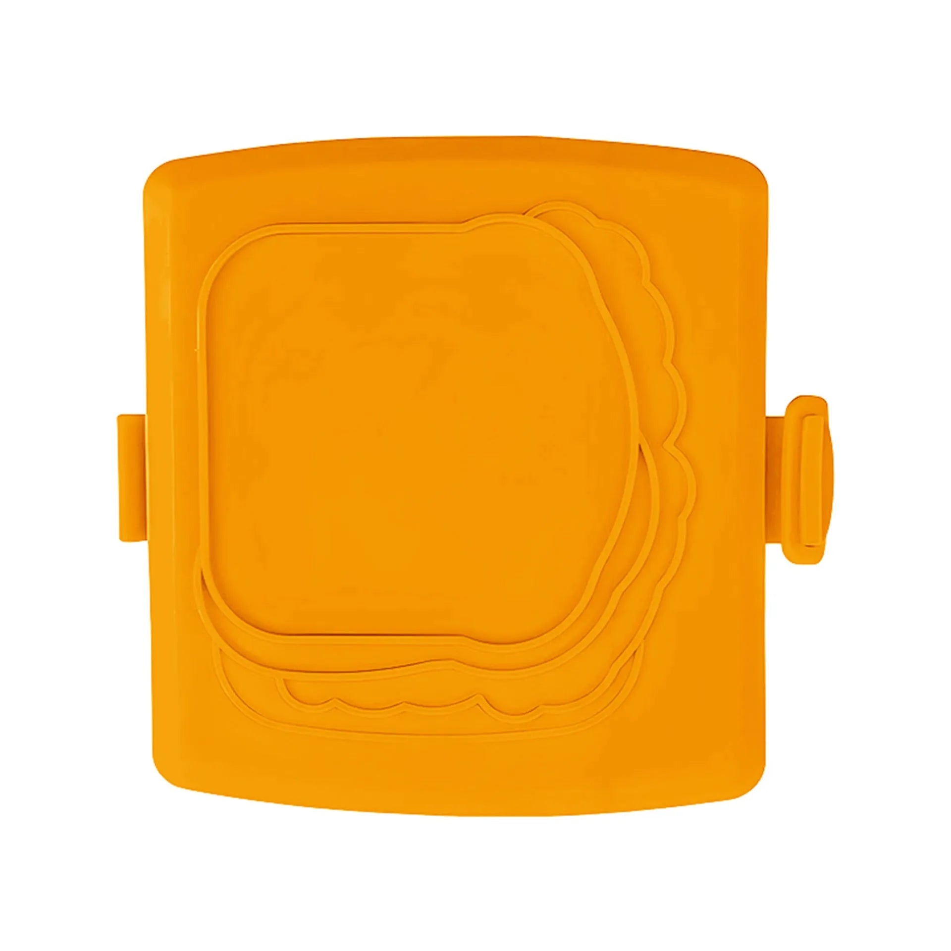 Red silicone baking tray with matching heat-resistant gloves on kitchen counter